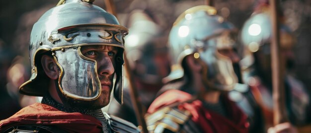 Photo historical reenactors in detailed roman armor stand at attention capturing the essence of ancient military discipline and history