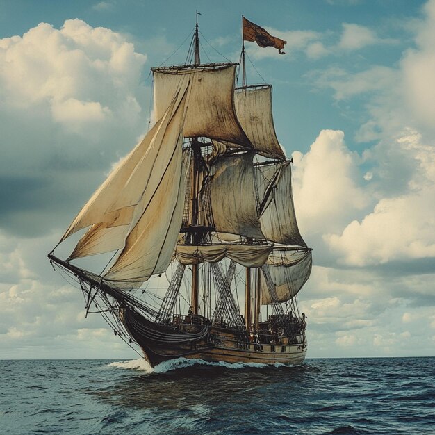 Photo a historical sailing ship with billowing sails on a calm sea