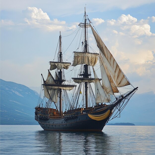 A historical tall ship anchored in a harbor or at sea