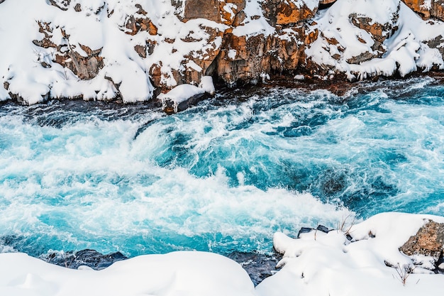 Hlauptungufoss Waterfall The 'Iceland's Bluest Waterfall' Blue water flows over stones Winter Iceland Visit Iceland Hiking to bruarfoss waterfall