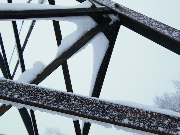 Hoarfrost covered construction. Foggy and frosty. Weather forecast early winter