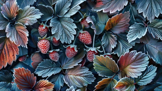 Hoarfrost on strawberry leaves in late autumn