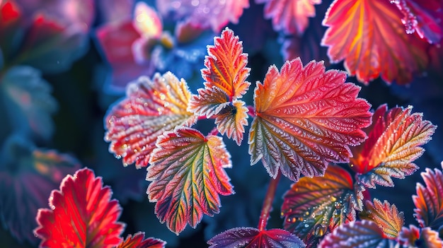 Hoarfrost on strawberry leaves in late autumn