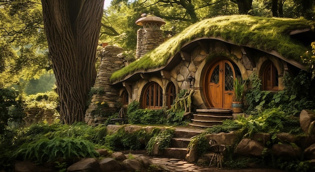 A hobbit house set at the base of a large tree