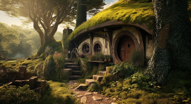 A hobbit house set at the base of a large tree