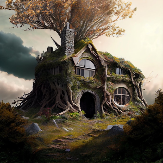 Hobbit house village in the magic forest illustration