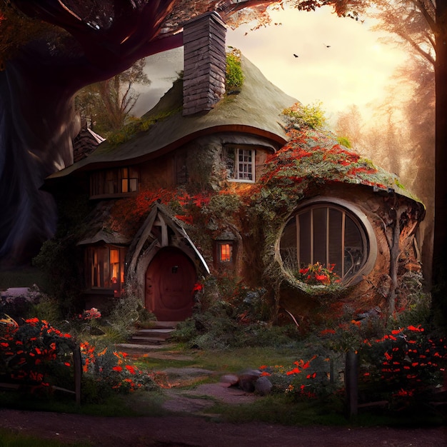 Hobbit house village in the magic forest illustration