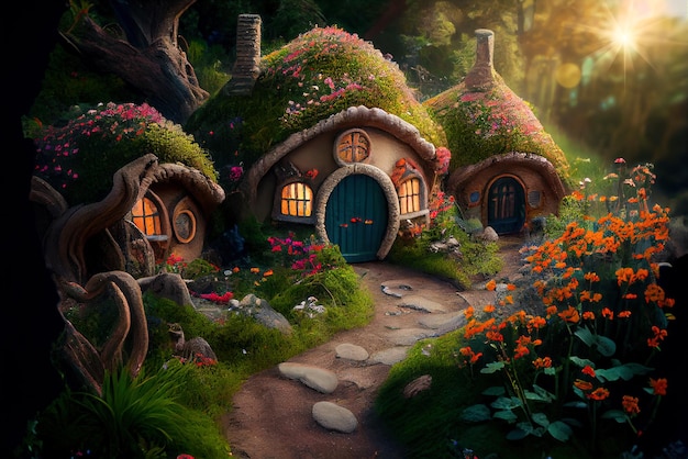 Hobbit houses in fantasy forest generative AI Fairy tale home