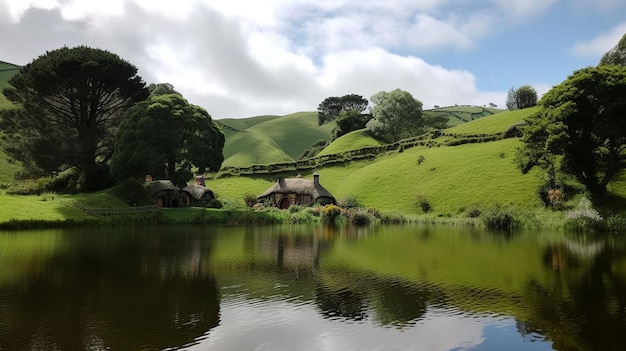 Hobbit houses at the lake in sunrise generative ai