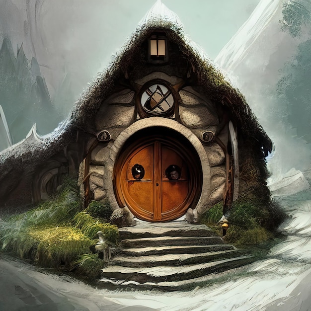 Hobbit village houses with round doors and windows Roofs of the houses are covered with grass World of the Lord of the Rings 3d illustration