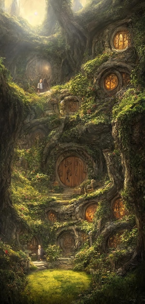 Hobbit village houses with round doors and windows Roofs of the houses are covered with grass World of the Lord of the Rings 3d illustration