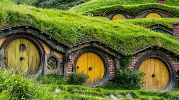 Photo hobbit village houses with round doors and windows roofs of the houses are covered with grass