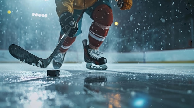 Photo a hockey player with a stick hits the puck