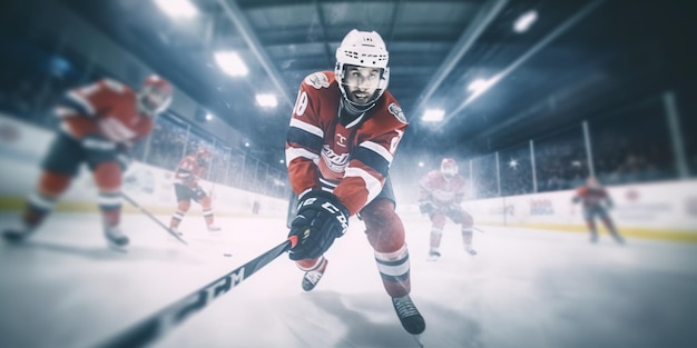 Hockey Professional hockey player swings his stick Hockey players wear helmets and gloves on the field