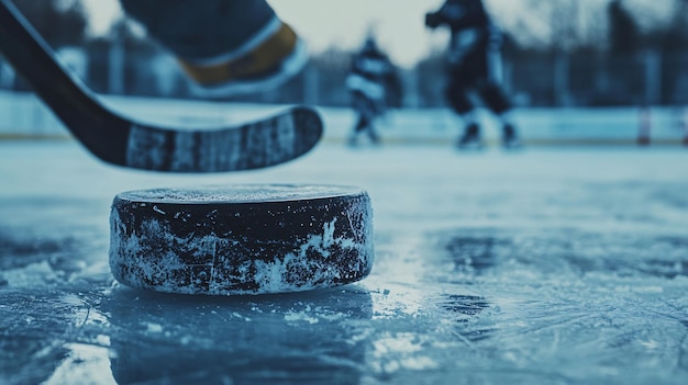 Photo hockey puck in closeup with players in the background during a match