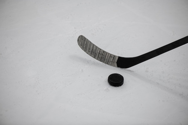 Hockey puck in front of the gate in front of the hockey game on ice