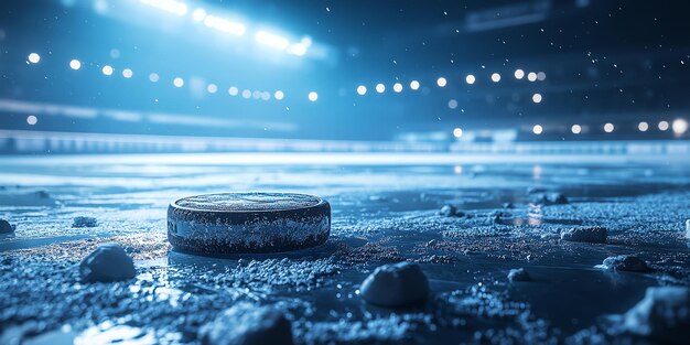 Photo hockey puck on ice rink with blurred background