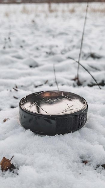 Photo hockey puck lies on the snow closeup