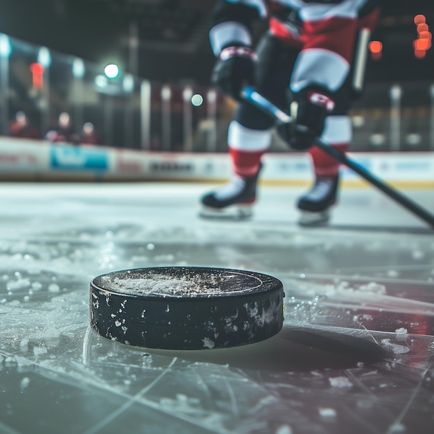 Hockey puck and puck on ice with a hockey player in the background