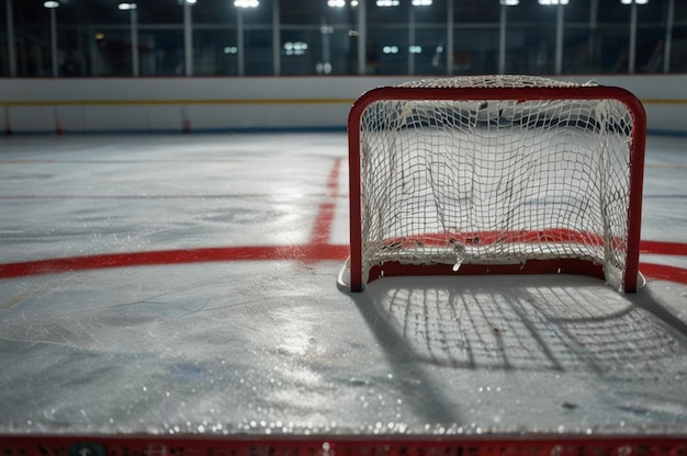 Photo hockey rink sports background with ice goal nets and stick marks