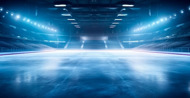 Hockey stadium empty sports arena with ice rink cold background AI generated image