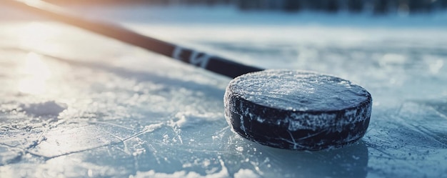 Photo hockey stick and black puck rest on a sunlit frozen ice rink