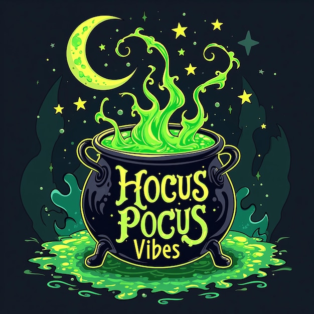 Photo hocus pocus vibes mystical cauldron with stars and crescent moon