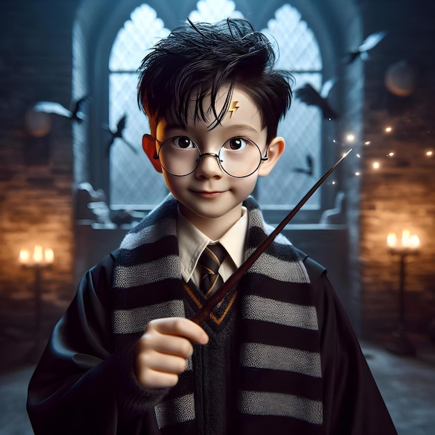 Photo hogwarts student boy with magic wand and lightning scar perfect stock photo