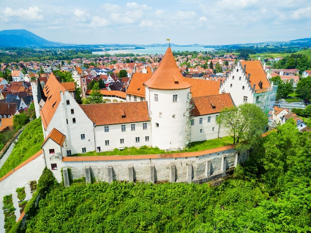 Hohes Schloss Fussen or Gothic High Castle of the Bishops aerial panoramic view, Germany. Hohes Schloss lies on a hill above Fuessen old town in Swabia.