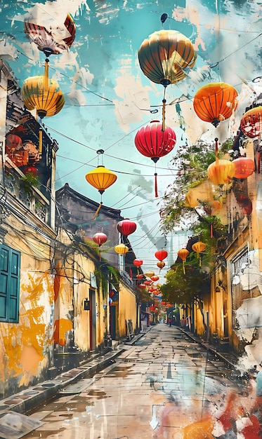 Hoi an Ancient Town in Vietnam With Lantern Texture Fabric C Illustration Trending Background Decor