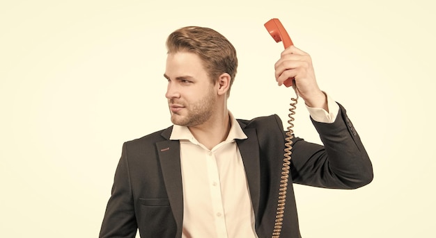 Hold on Lawyer pick telephone receiver Professional man use vintage telephone Retro connection