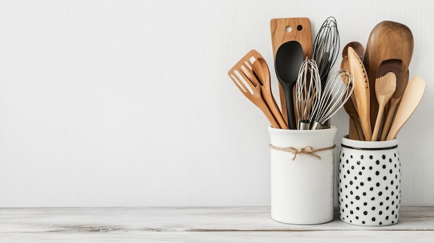 Photo holder with various kitchen utensils on white wooden background