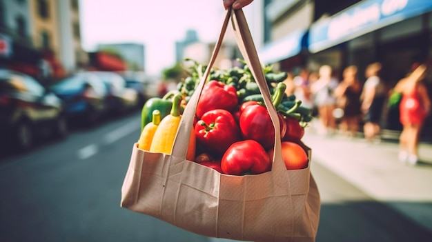 Holding a bag of fruits and vegetables in front of the food stall at the farmers market Generative AI