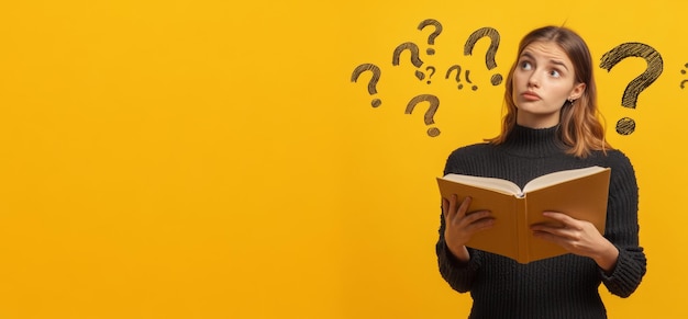 Photo holding a book in front of a backdrop of question marks