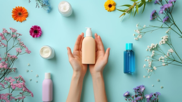 holding bottle of cream over table with cosmetic products