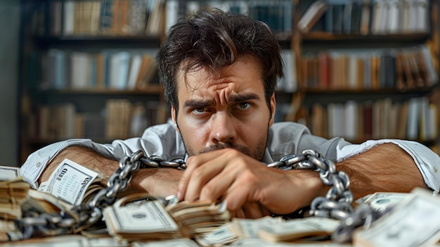 Photo holding a chain that is wrapped around a large stack of money