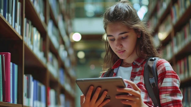 Holding a digital tablet in college a schoolgirl focused on her studies