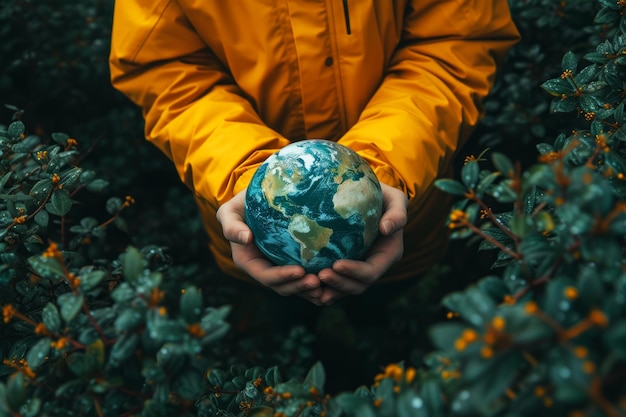 Photo holding the earth environmental responsibility hands gently hold a small globe surrounded by foliage symbolizing personal responsibility in protecting our planet