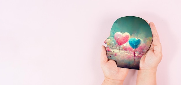 Holding a head with a colorful hearts in the hands, symbol of love and positive emotion, charity