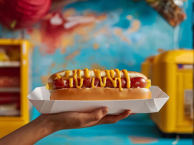 Photo holding a hot dog with various toppings