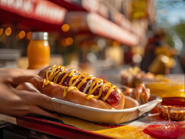 Holding a hot dog with various toppings