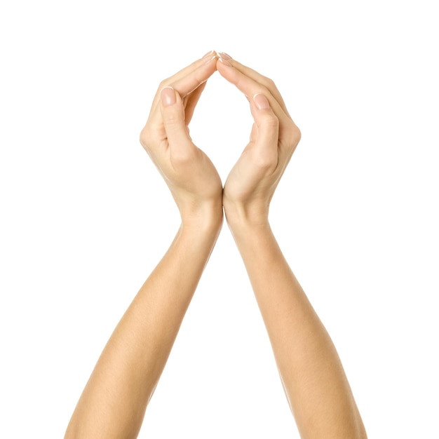 Photo holding or measuring hands. woman hand with french manicure gesturing isolated on white background. part of series