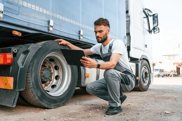 Holding notepad Quality control Man in unifrom doing service for big truck vehicle