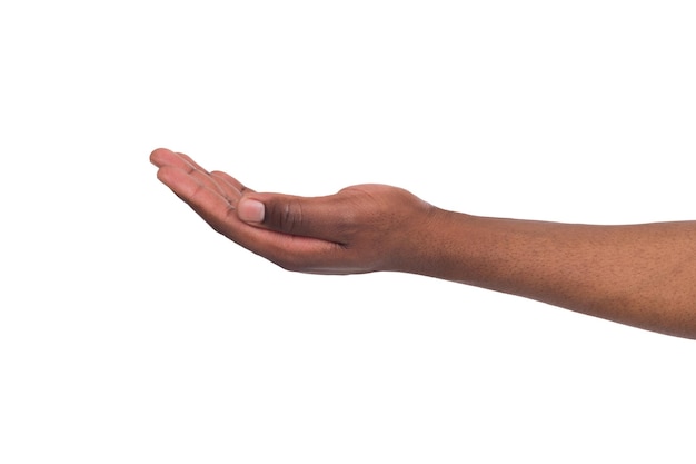 Holding or offering. Outstretched male hand, man keeping empty palm on white isolated background