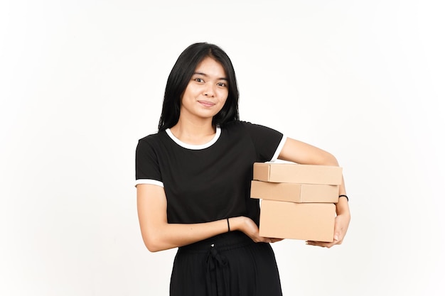 Holding Package Box or Cardboard Box Of Beautiful Asian Woman Isolated On White Background