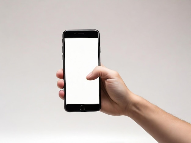 holding an phone on a background in the style of minimalist backgrounds light gray uhd image cecilia beaux streamlined forms screen format high quality photo