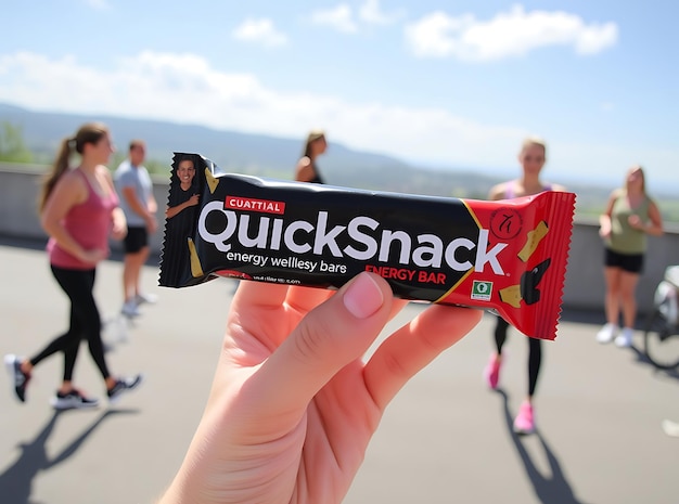 Photo holding quicksnack energy bar against fitness and wellness backdrop