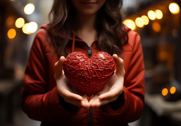 Photo holding a red heart in her hand a woman holding a red heart in her hands