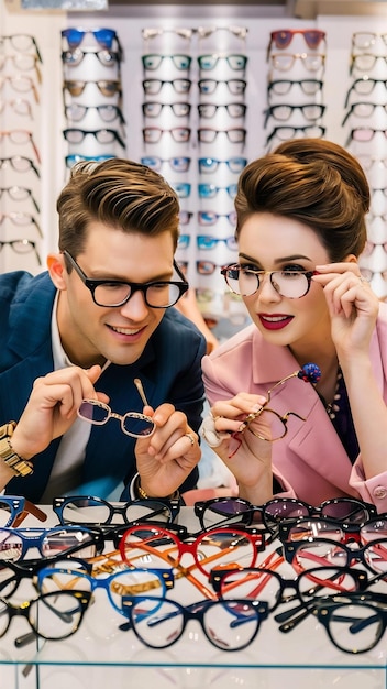 Holding replaceble lenses man and woman in the glasses store helping to choose product