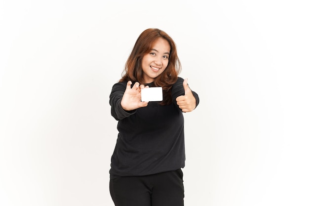 Holding and Showing Blank Credit or Bank Card Of Beautiful Asian Woman Wearing Black Shirt